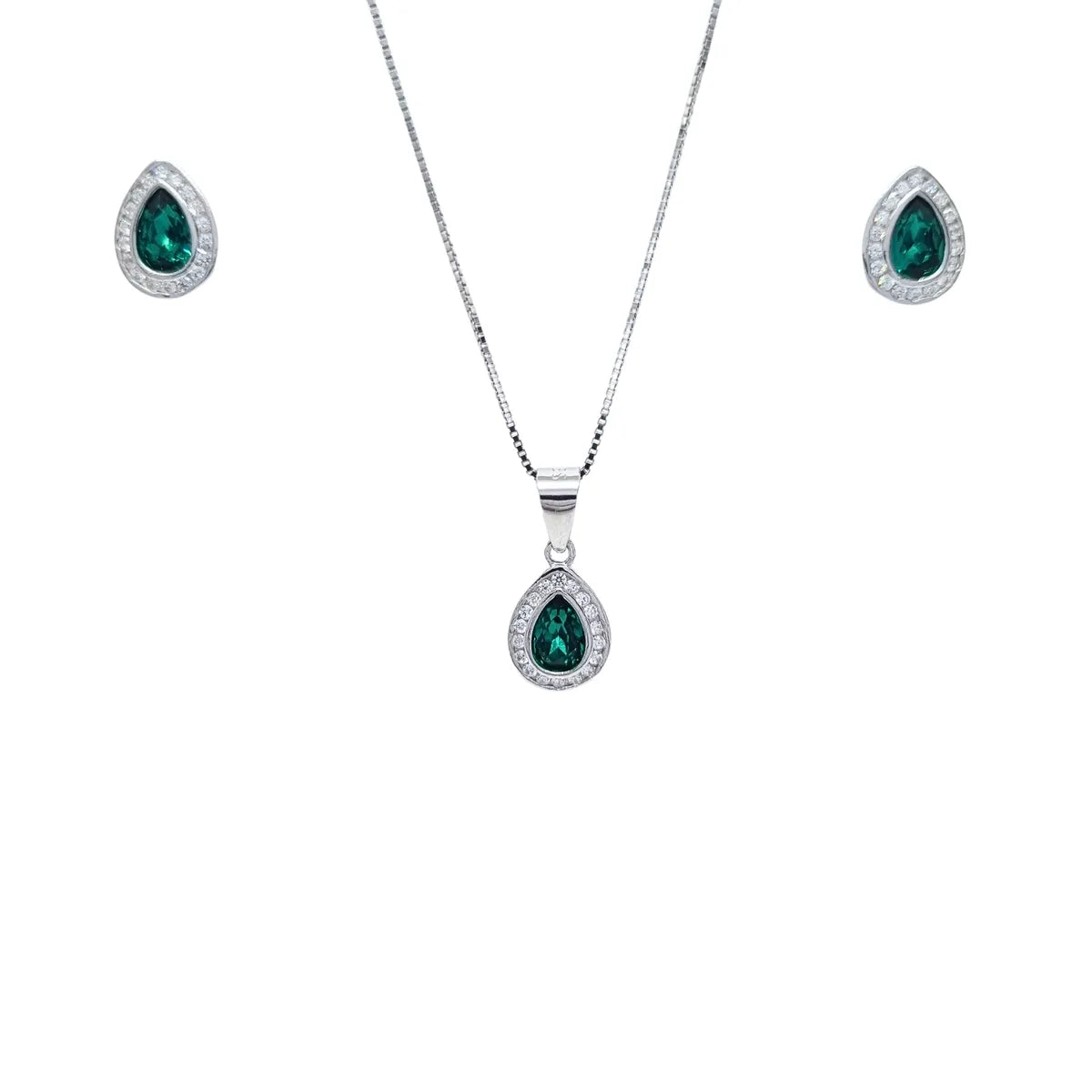 Collar + Aros Gota Esmeralda Rodinado 45cm Plata 925