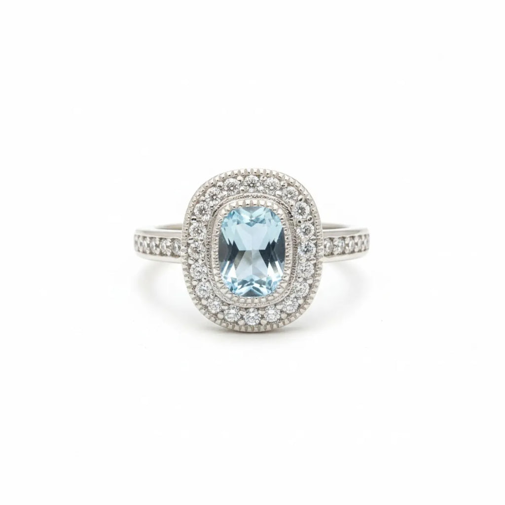 Anillo Vintage Halo Ovalado Agua Marina Plata 925