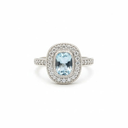 Anillo Vintage Halo Ovalado Agua Marina Plata 925