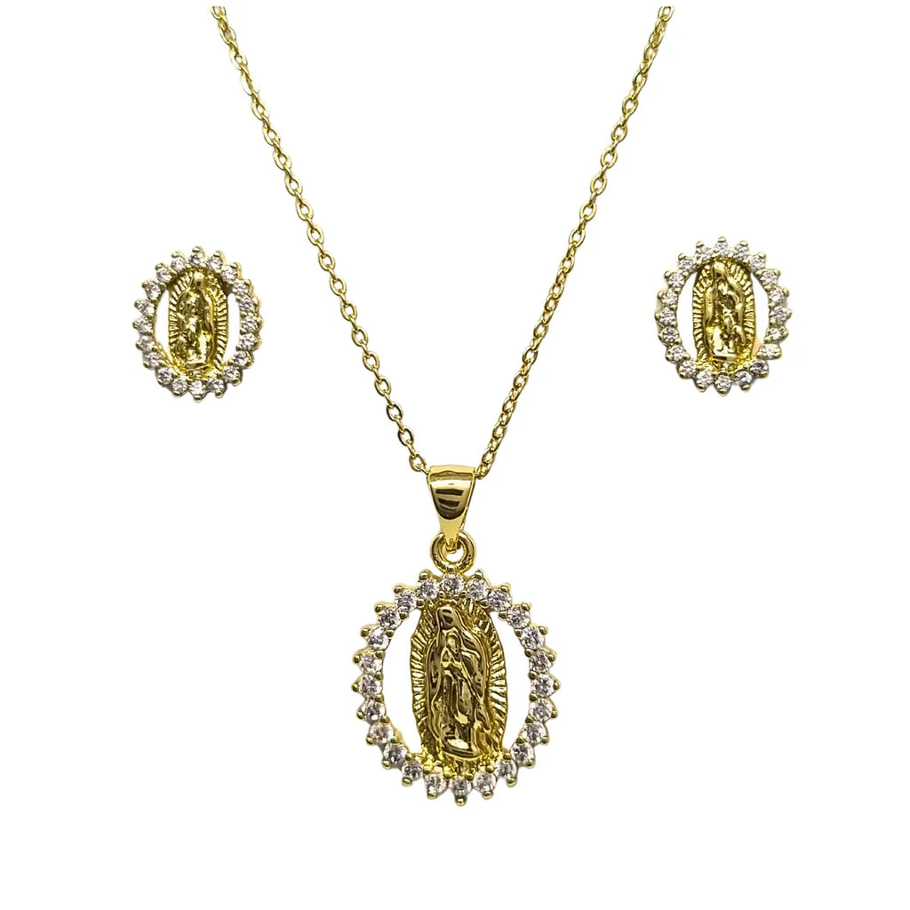 Collar + Aros Virgen Circones Enchapada en oro de 18k