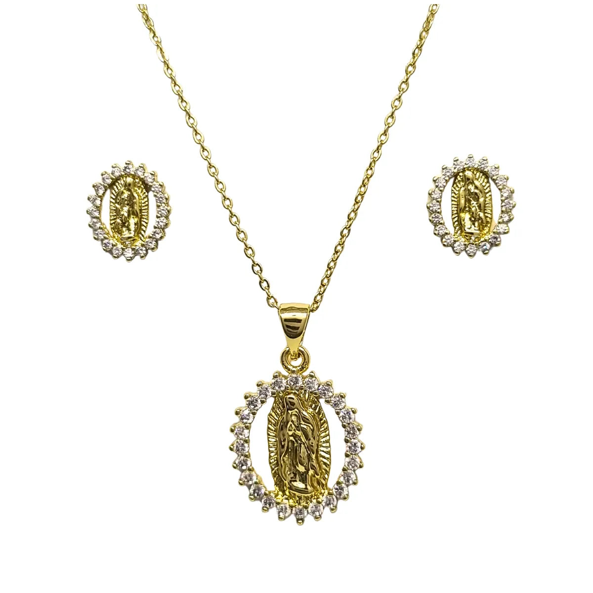 Collar + Aros Virgen Circones Enchapada en oro de 18k