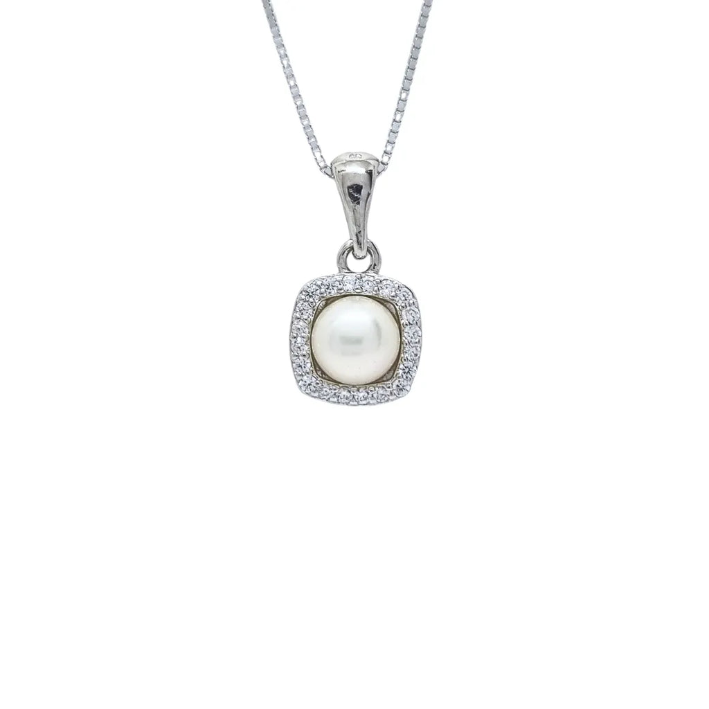 Collar + Aros Rectangular con Perla Rodinado 45cm Plata 925