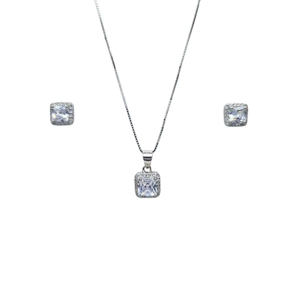 Collar + Aros Rectangular Circon Rodinado 45cm Plata 925