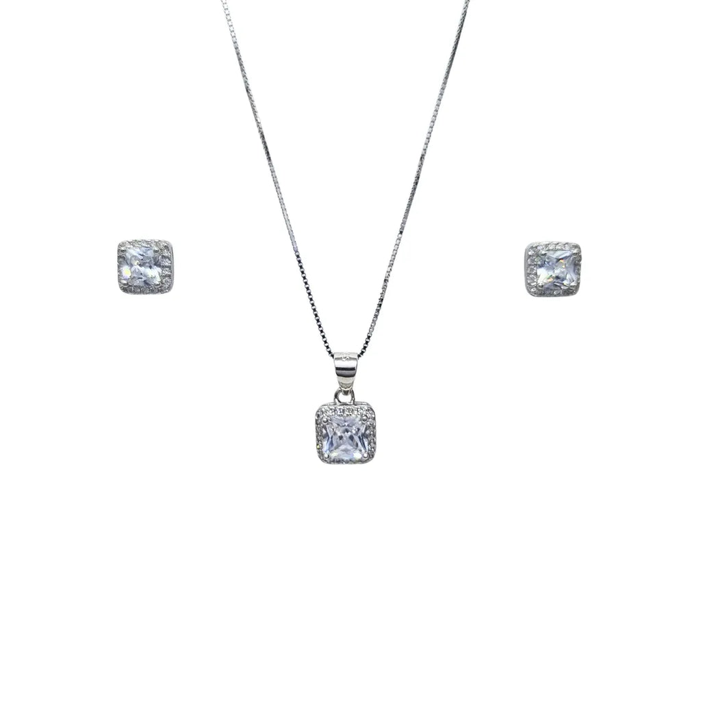 Collar + Aros Rectangular Circon Rodinado 45cm Plata 925