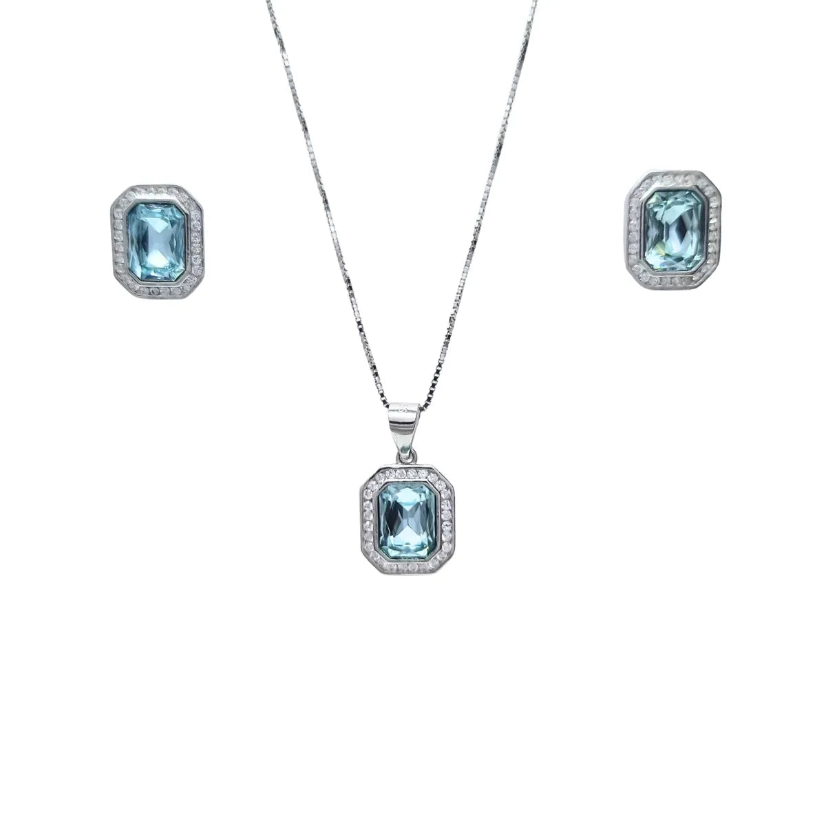 Collar + Aros Rectangular Agua Marina Rodinado 45cm Plata 925