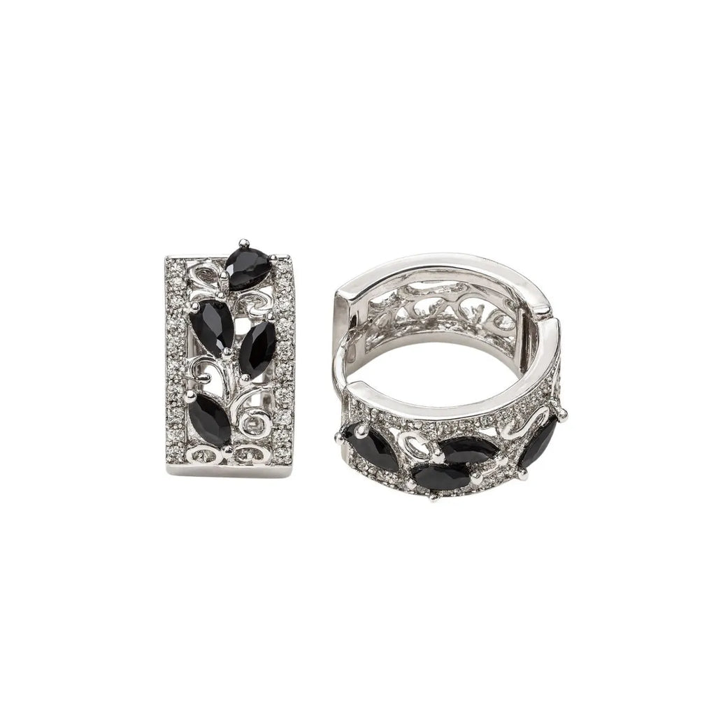 Aros Argollas Pétalos Negros Enchapado en Rodio 18mm