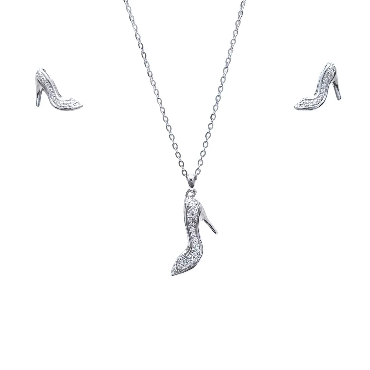 Collar + Aros Rectangular Zapato Rodinado 45cm Plata 925