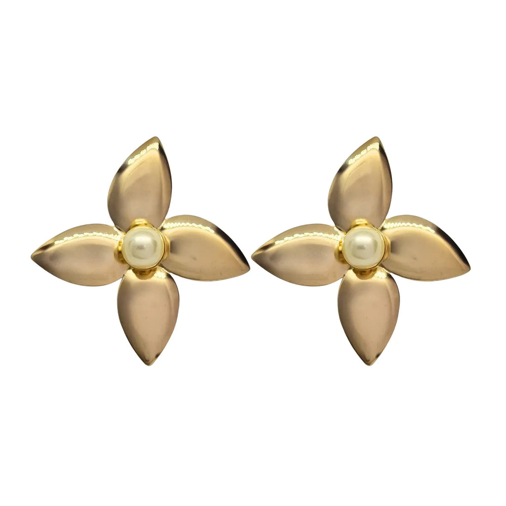 | Aros Flor Grande con Perla Enchapado en oro de 18k de 43mm