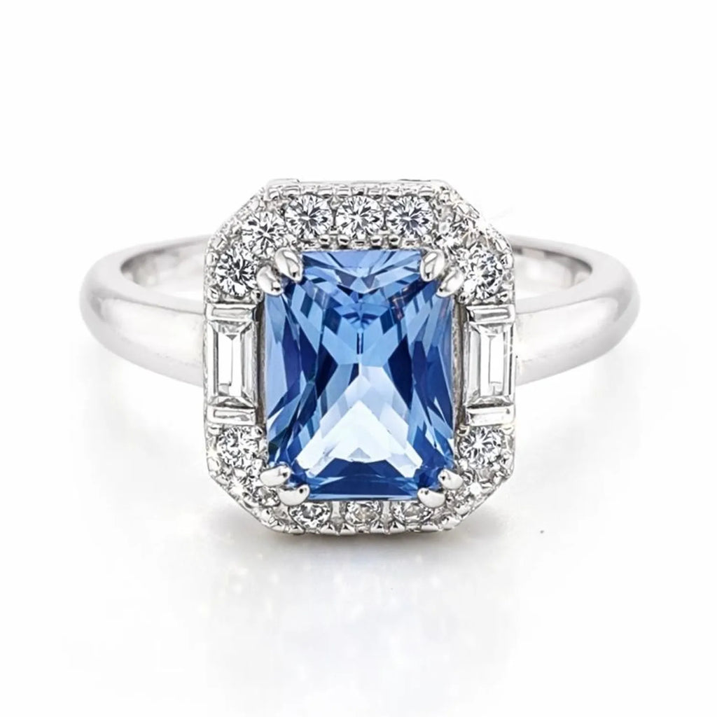 Anillo Halo Agua Marina Rectangular Plata 925