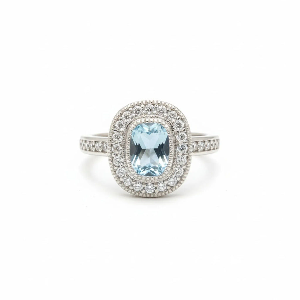Anillo Vintage Halo Ovalado Agua Marina Plata 925