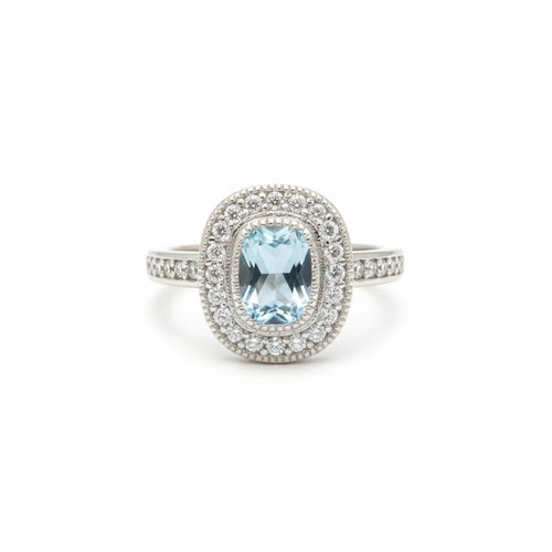 Anillo Vintage Halo Ovalado Agua Marina Plata 925