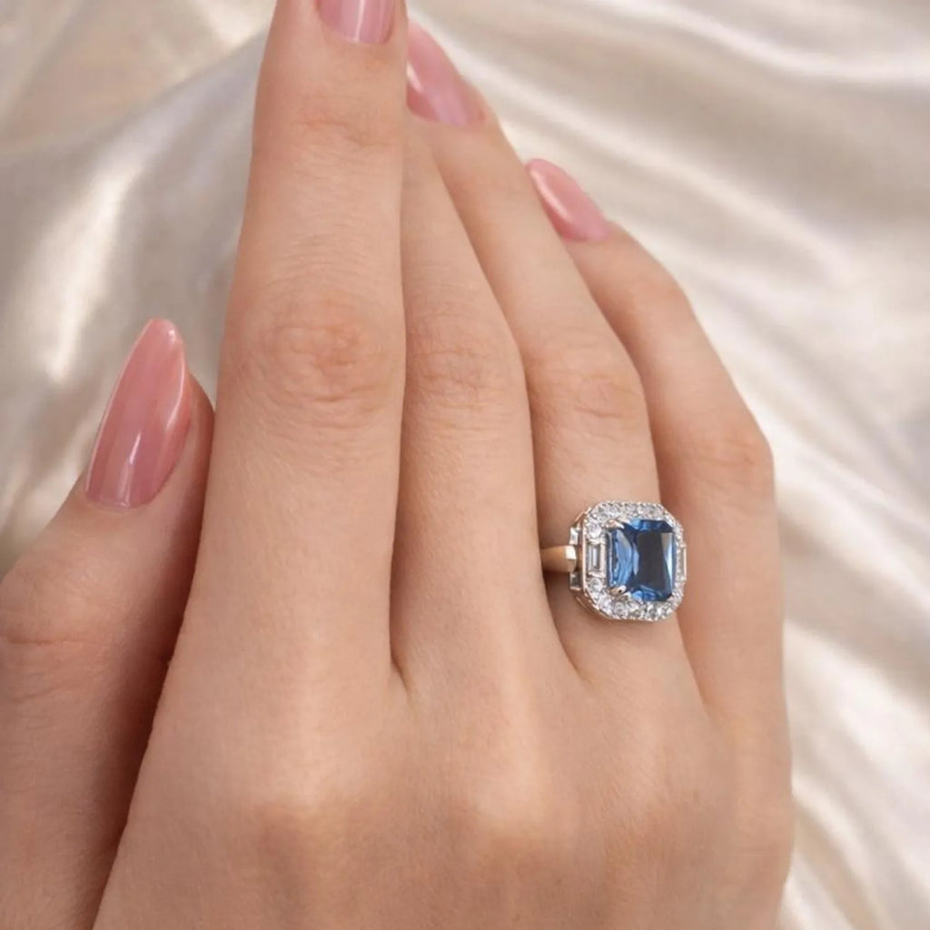 Anillo Halo Agua Marina Rectangular Plata 925