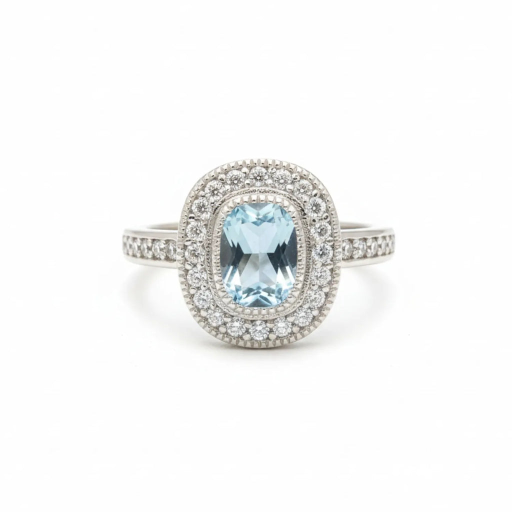 Anillo Vintage Halo Ovalado Agua Marina Plata 925