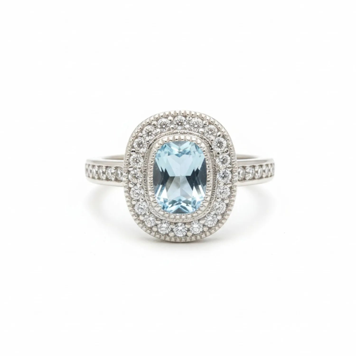 Anillo Vintage Halo Ovalado Agua Marina Plata 925