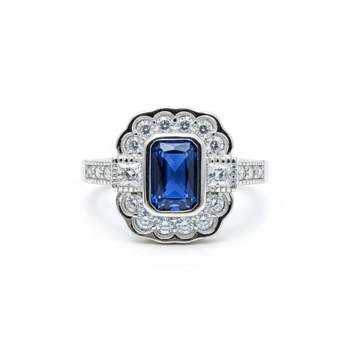 Anillo Vintage Halo Zafiro Circones Plata 925